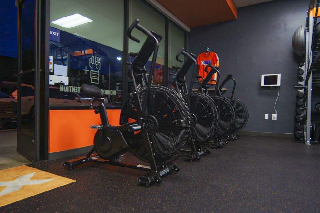 Commercial exercise equipment in a health club.